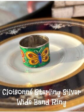 Vintage Wide Band Cloisonné Enamel Butterfly Sterling Silver Ring